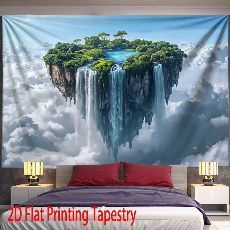 Floating Island Waterfall Tapestry 2D Digital Print Polyester Wall Hanging Living Room Bedroom Office Studio Decor with Hooks