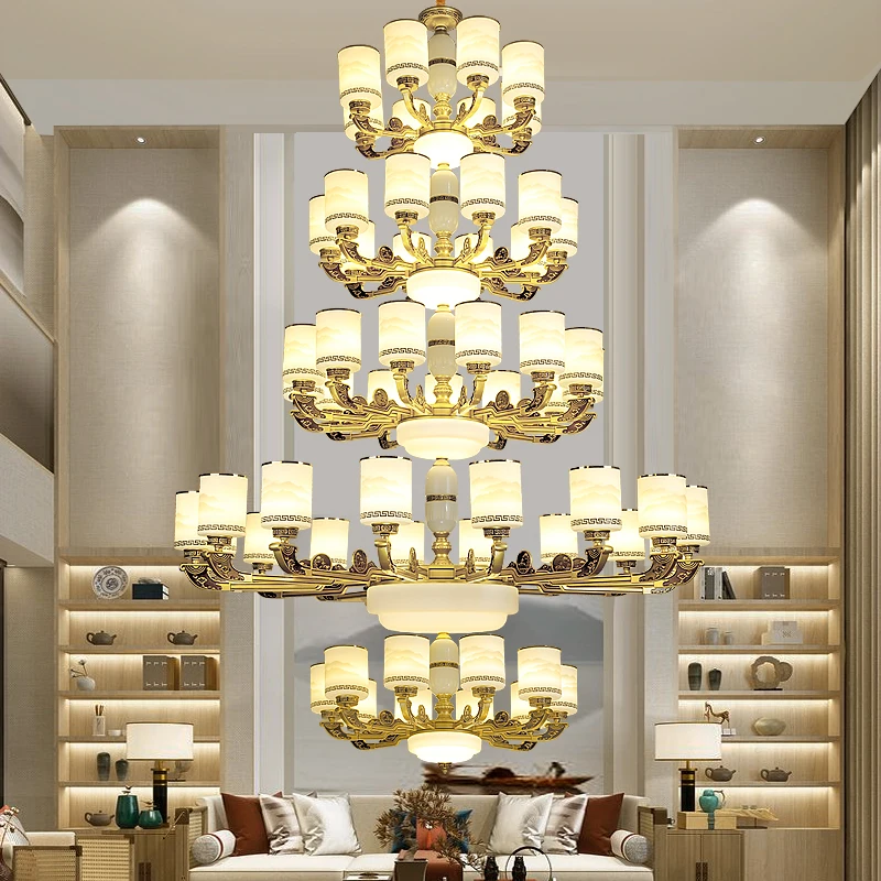 New Chinese duplex villa living room hollow chandelier building middle floor empty jump hall three or four floors staircase ligh