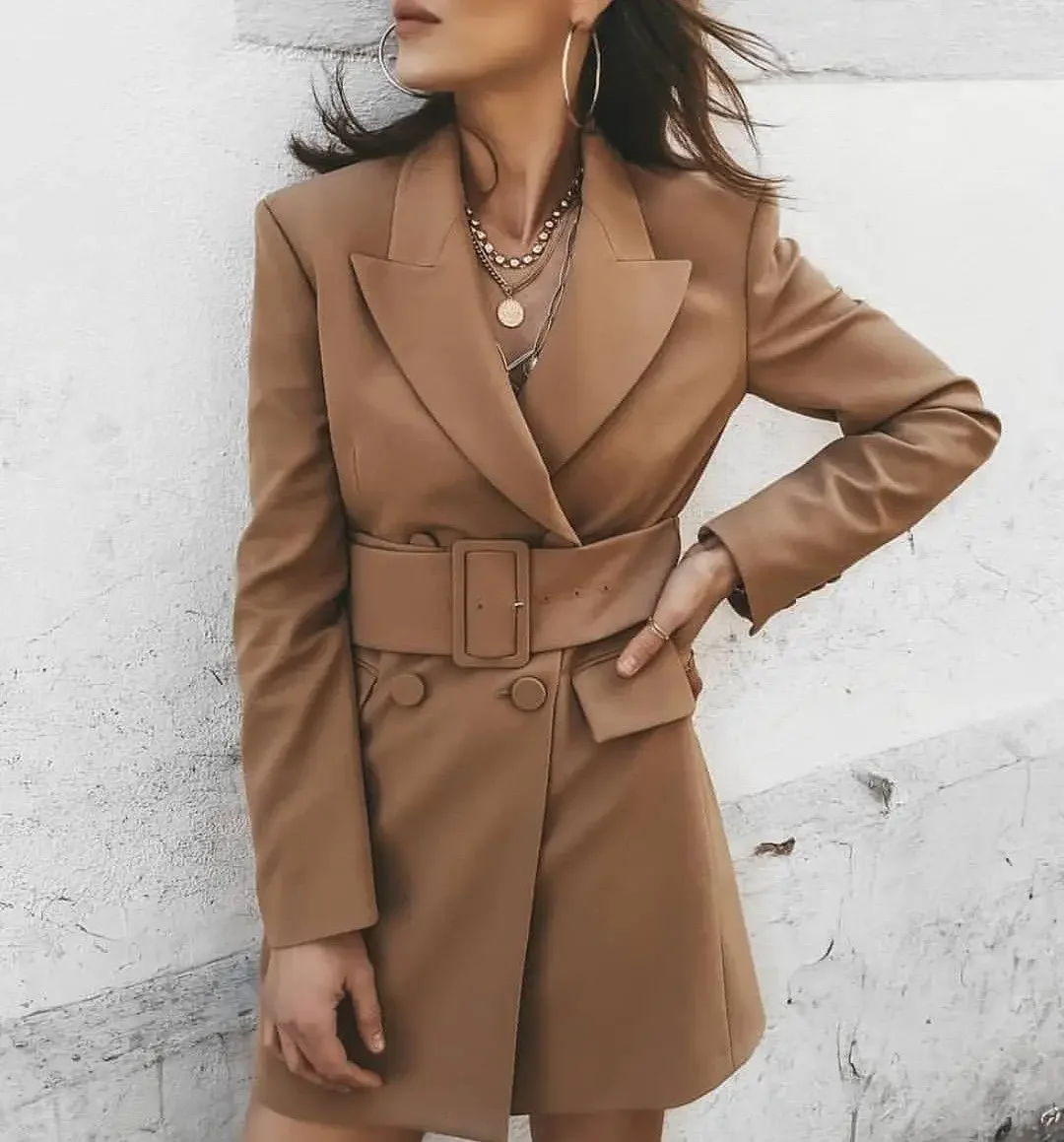 

Women Khaki Button High Waist Blazer Dress Casual Office Lady Belt Long Sleeve Dress Elegant Lapel Work Wear Dresses Fashion OL