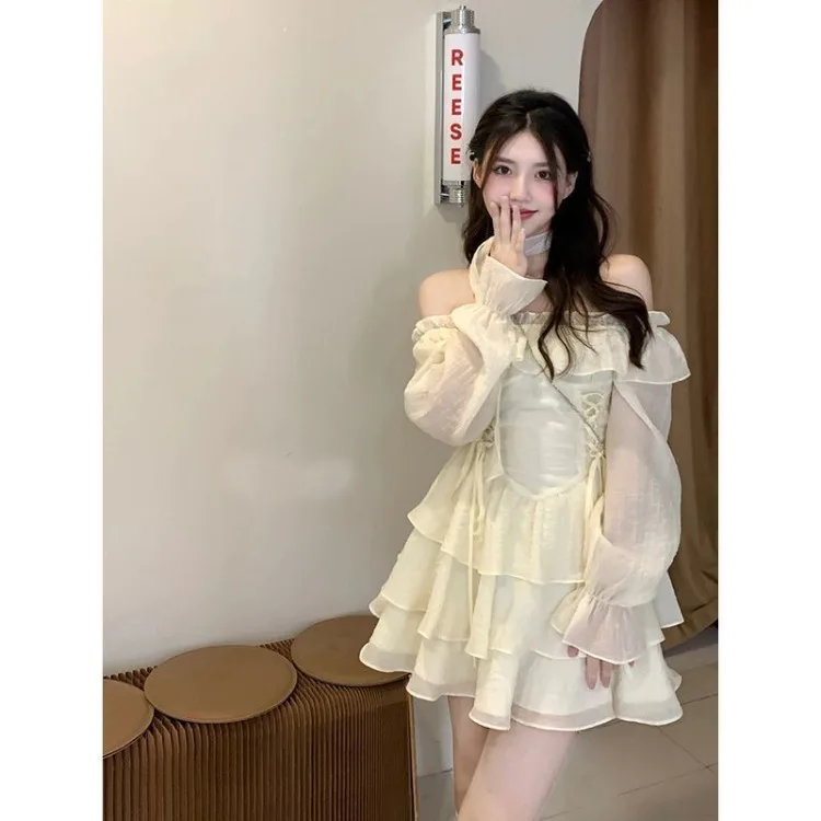 Long Sleeve Elegant Mini Dress Lolita Pure Color Short Party Dress Woman Casual 2024 Spring Sweet One Piece Dress Korean Fashion