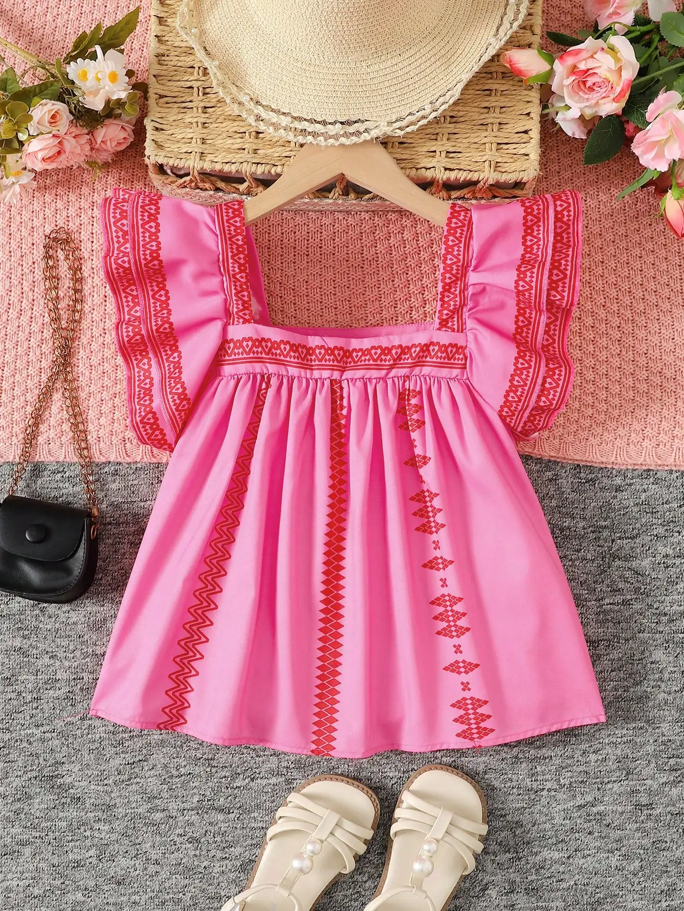 

Pink Embroidered Square Collar Ruffle Sleeve Casual Vacation Dress
