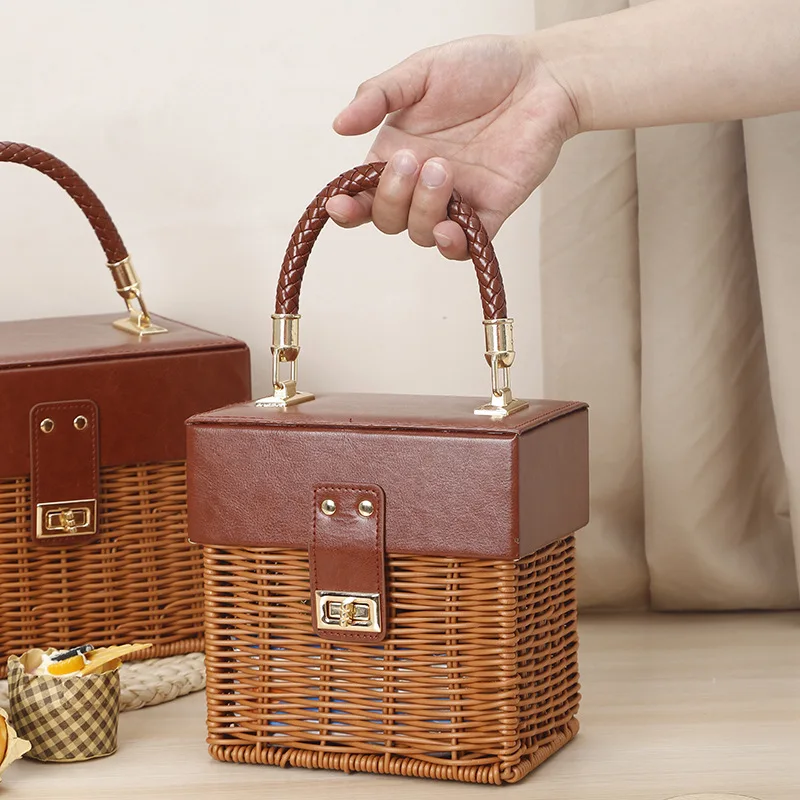 Mini Bag Handbag Rattan Woven Picnic Box Retro Style Storage Bag Cosmetic Props Neatening Box Fashion Trend Leisure All-match
