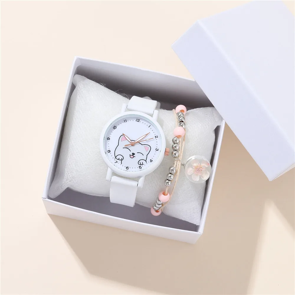 2pcs/set Fashion Simple Silicone Band Cat Style Quartz Boys Girls Students Watch
