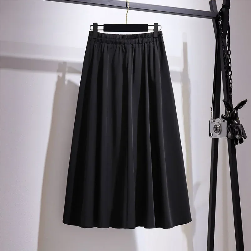 Plus Size Fat sister in the long thin A-line skirt with a solid color pleated skirt 2023 autumn new large-size women's wear