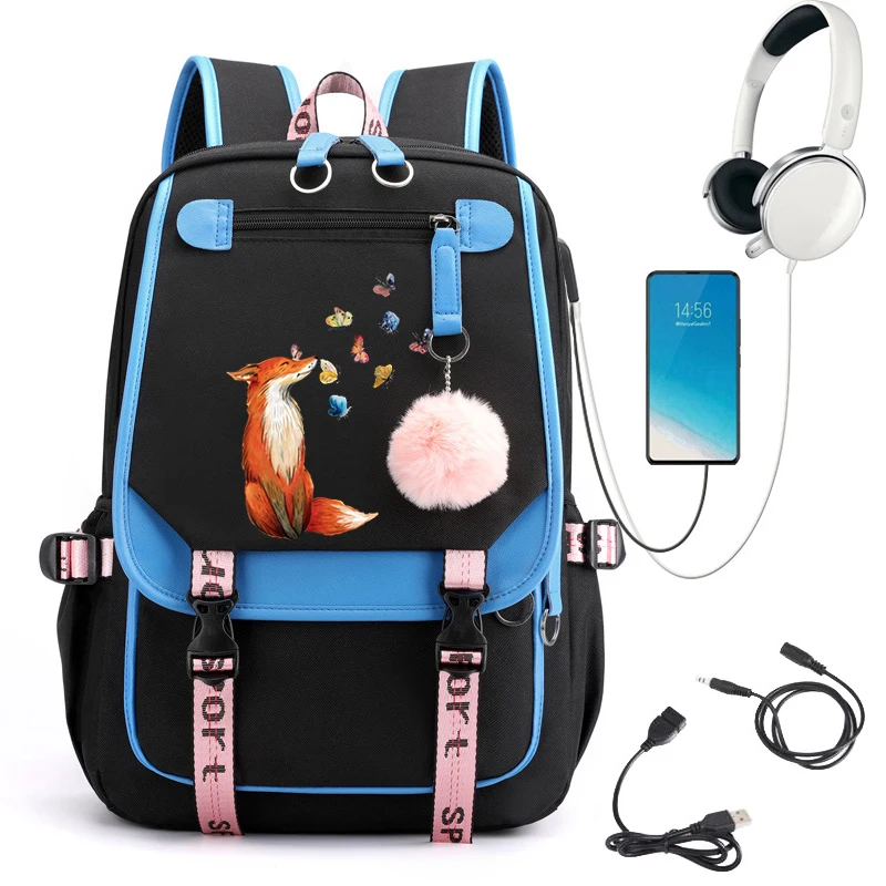 Kawaii Fox Butterfly Aesthetic Women Backpack School Bag for Teen Girls Rucksack Student Bookbags USB Charging Teenager Mochila