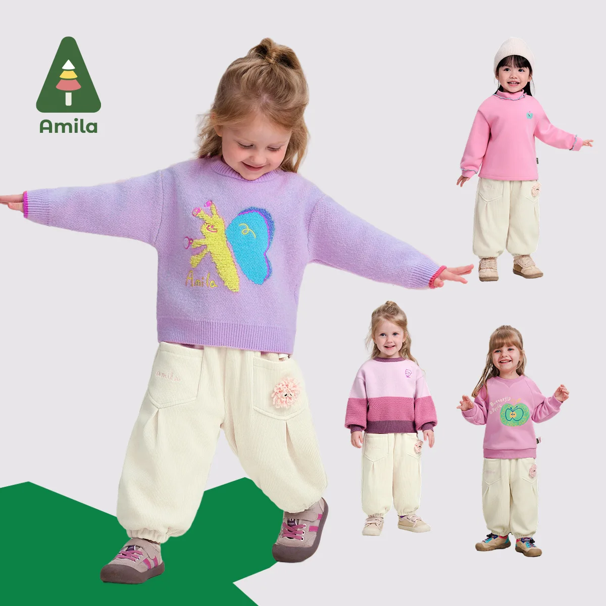 Amila Baby Trousers 2024 Winter New Contrast Color Girls Solid Color Cute Warm Plus Velvet Skin-Friendly Children\'s Casual Pants