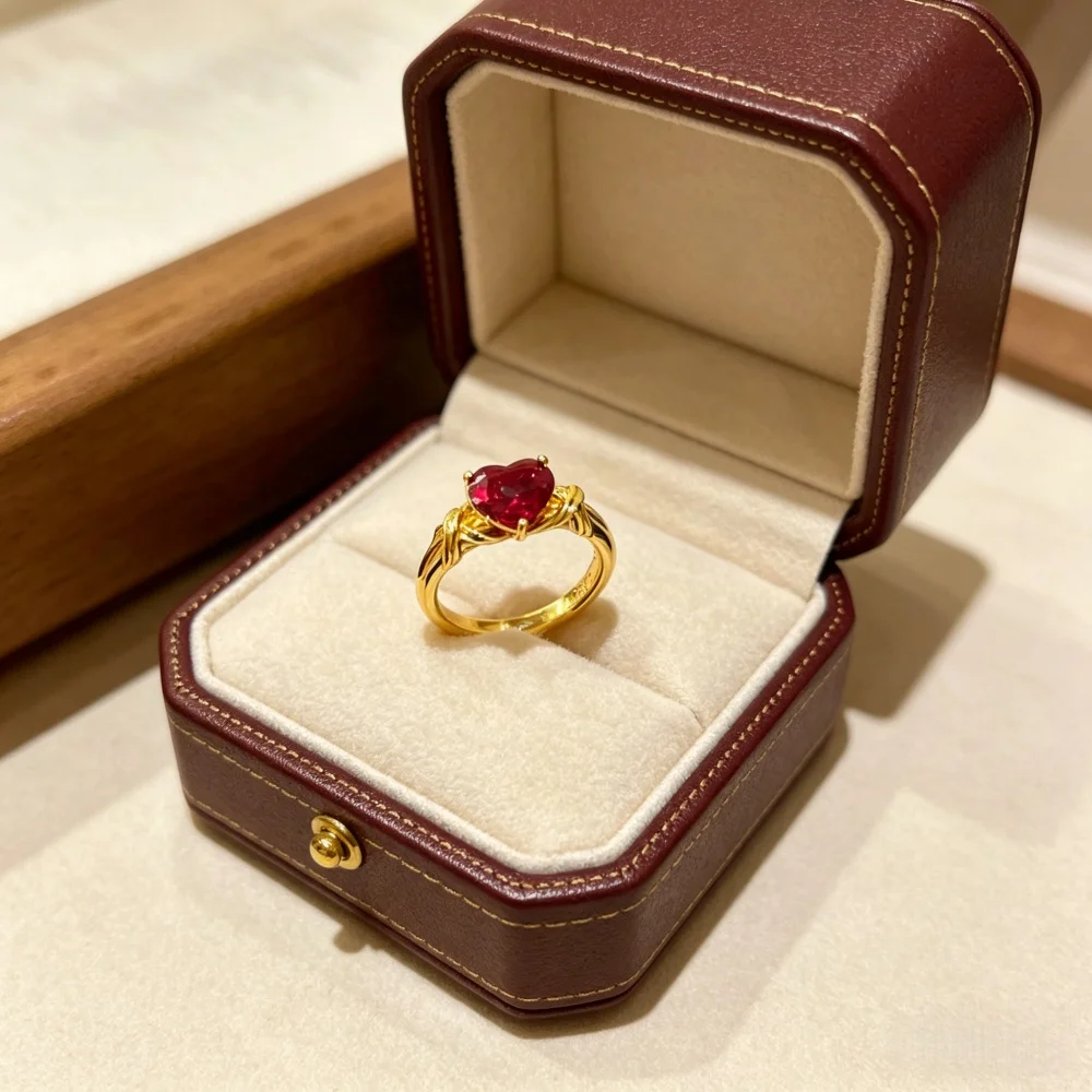 

Винтажное кольцо с красным сердцем, позолоченное, с витым ободком, для женщин, изящное украшение в подарок на годовщину или день рождения