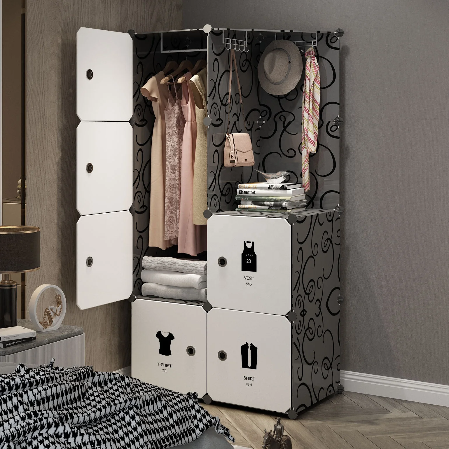 Easy Assemble Modern Extendable DIY Plastic Folding Wardrobe Eco-Friendly Black Frame White Door Portable Workshop Living Room