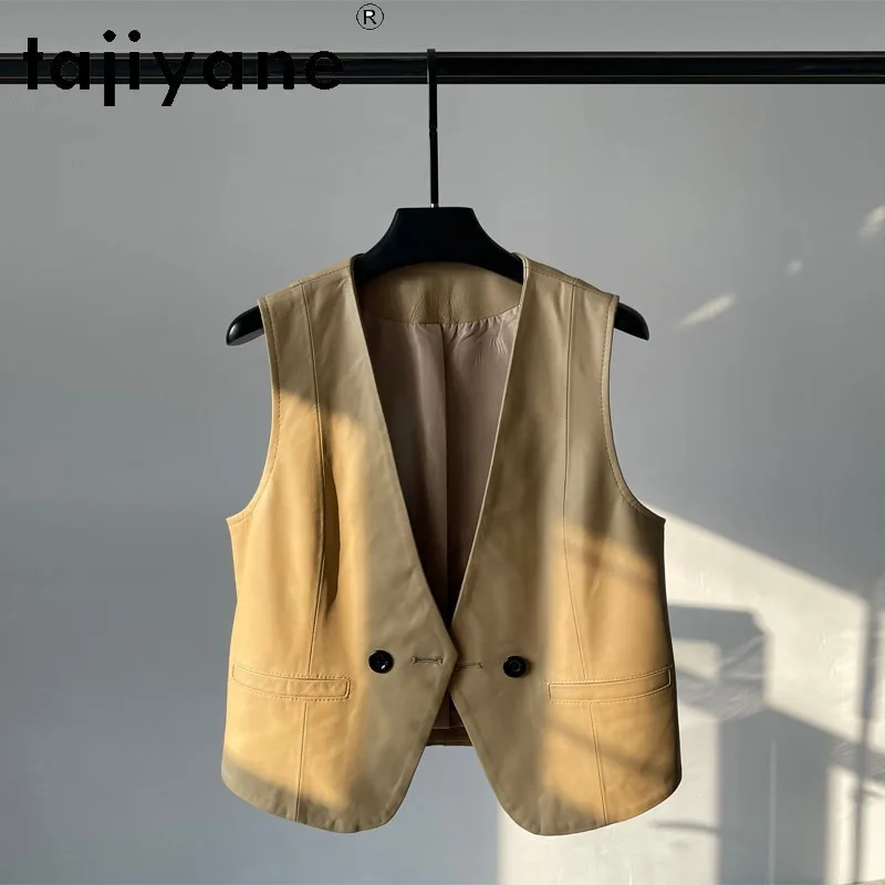 TAJIYANE Sheepskin Real Leather Jacket Women V-neck Vest Coat Short Jackets for Woman Sleeveless Veste Femme Chic Chaqueta Mujer