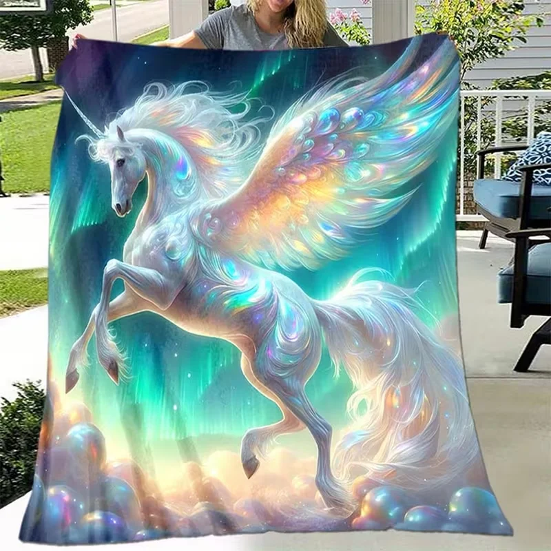 Shimmering Winged Unicorn Aurora Bubble Print Flannel Throw Blanket Soft Warm Blanket For Sofa Bed Fantasy‑style Home Decor