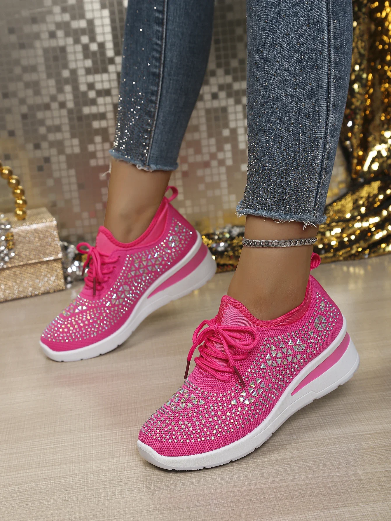 Damen Casual Walking Sneakers Atmungsaktives Mesh Geometrische Strass Versteckte Höhe Keilabsatz Plateau-Schuhe Kostenloser Versand Schuhe – Detail 2