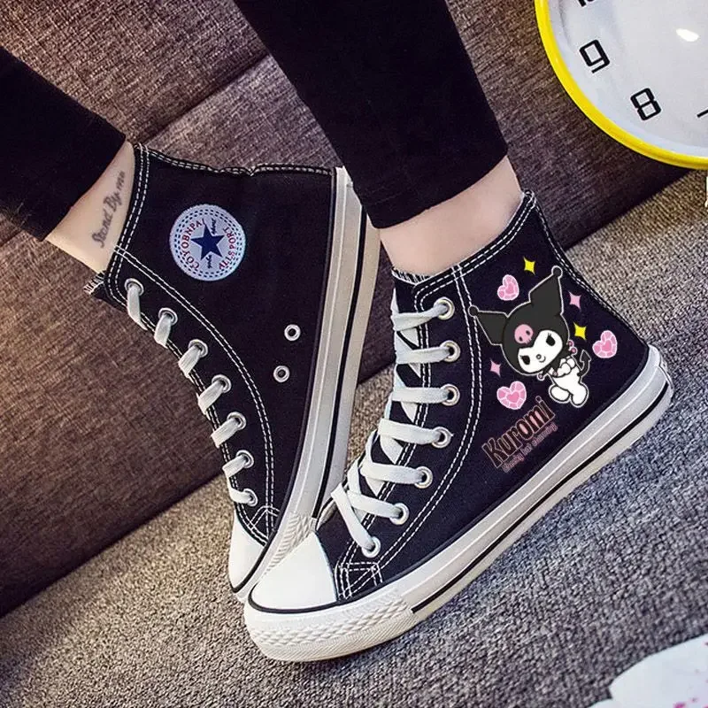 Japanese Harajuku Sanrio New Kuromi Print Black Canvas Shoes Female Student High Top Lace Up Vulcanized Shoes Soft Girl Sneakers