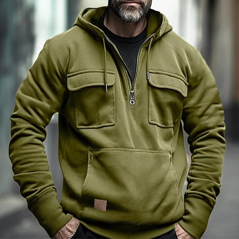 Veste à Capuche Homme, Demi-Fermeture Éclair, Solide, Chaud, Sourire, Militaire, PVD, Multi Poches, Optique, Extérieur, Polaire