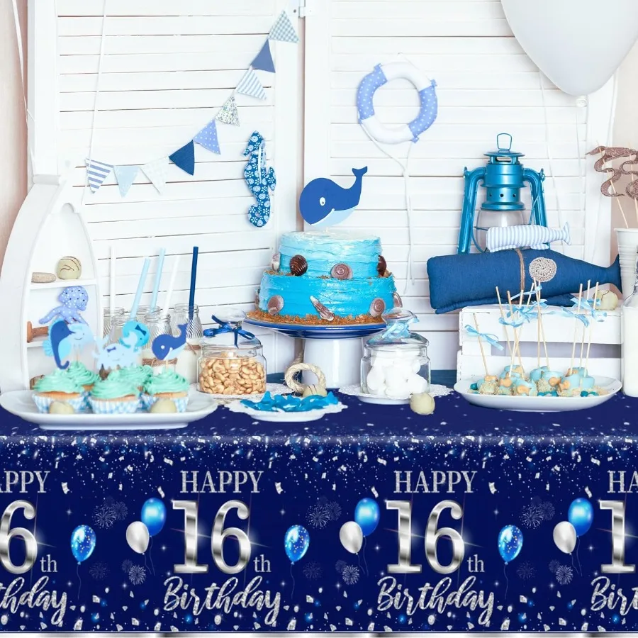 Nappe jetable pour 16e anniversaire, 3 pièces, argent bleu, décorations joyeux anniversaire pour garçon de 16 ans, fournitures de fête d'anniversaire