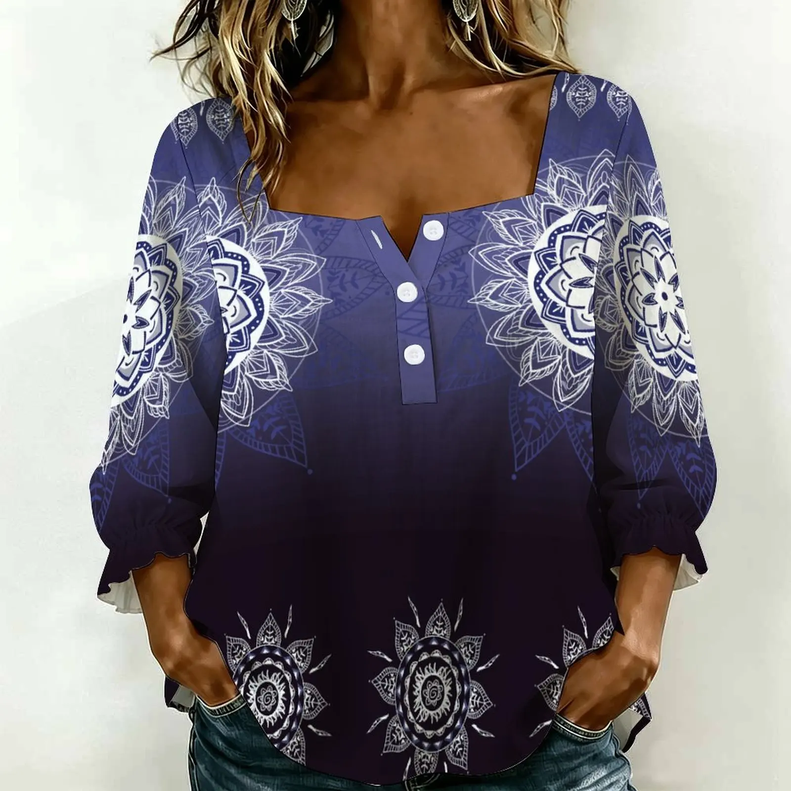 Women Square Neck Blouse 3/4 Ruffle Sleeve Tops Zigzag Stripe Print Henley Shirts Loose Casual Daily Wear Blouse