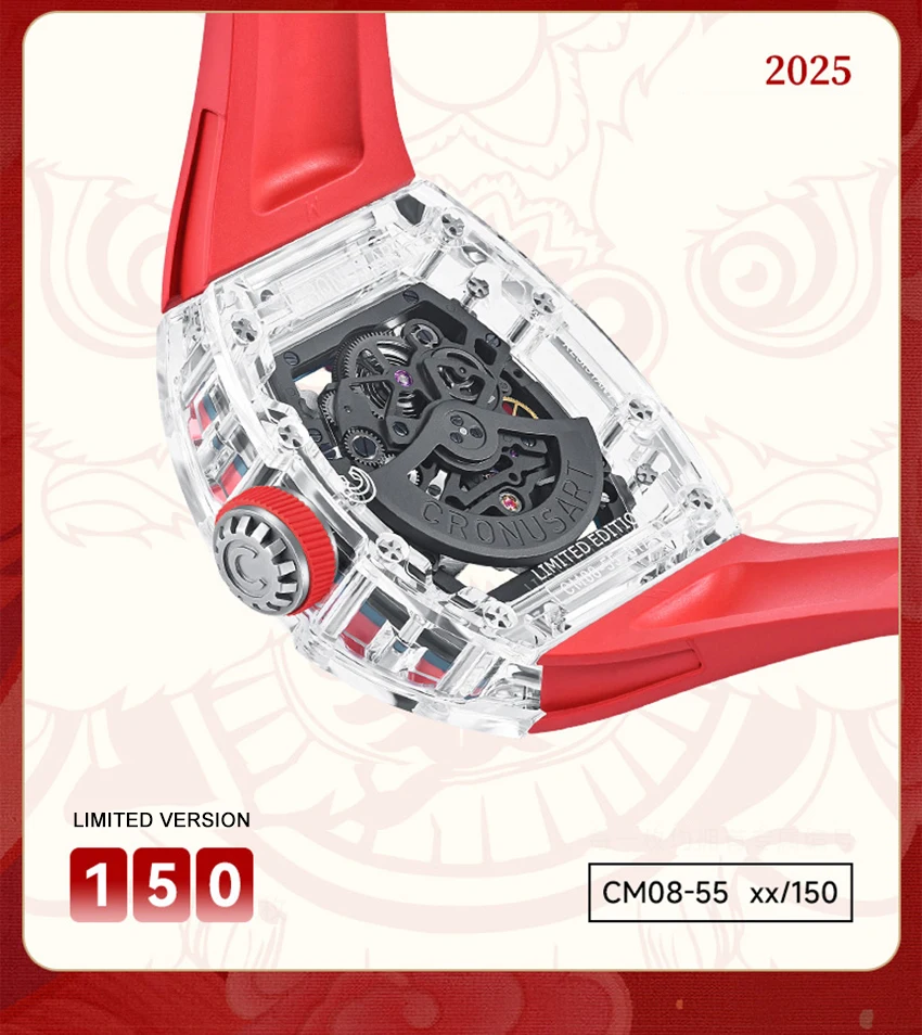 Cronusart-自動サファイアケース付き機械式腕時計,50mm x 42mm,フルオロラバーストラップ,トーノケース,ライオンダイヤル