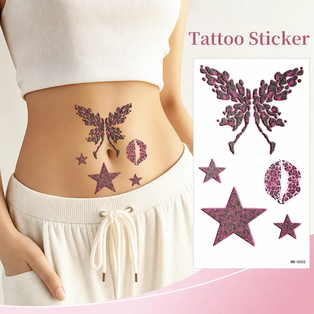 Leopard Print Butterfly Star Temporary Tattoo Sticker, Disposable Tattoo Sticker Body Art