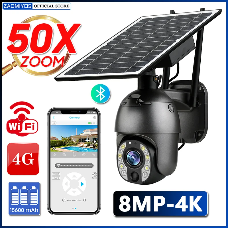 8MP 4G SIM 50X Zoom Solar Camera 4K 360 PTZ Outdoor Motion Detection Surveillance Night Vision CCTV battery Security IP Camera