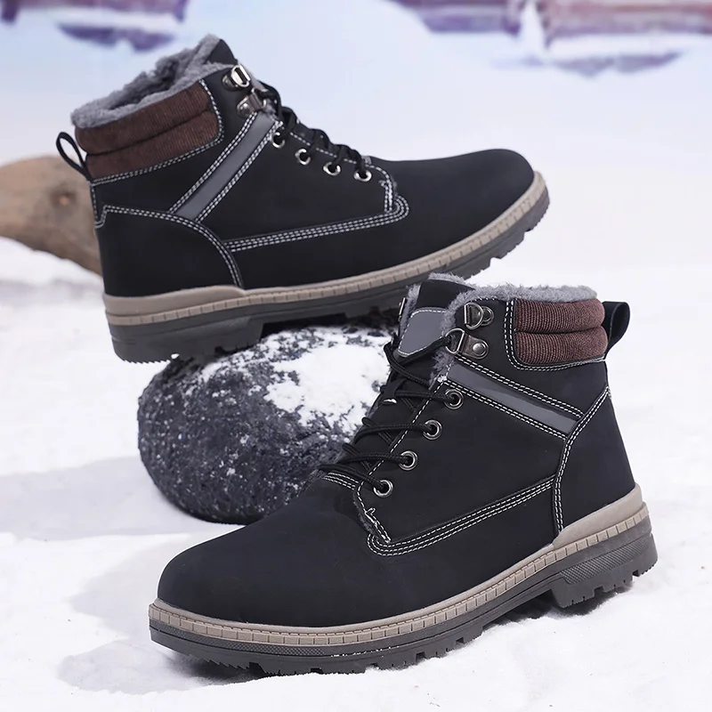 Men's Outdoor Lace-Up Fleece Lined Warm Leather Patchwork Comfortable All-Match Snow High-Top Boots