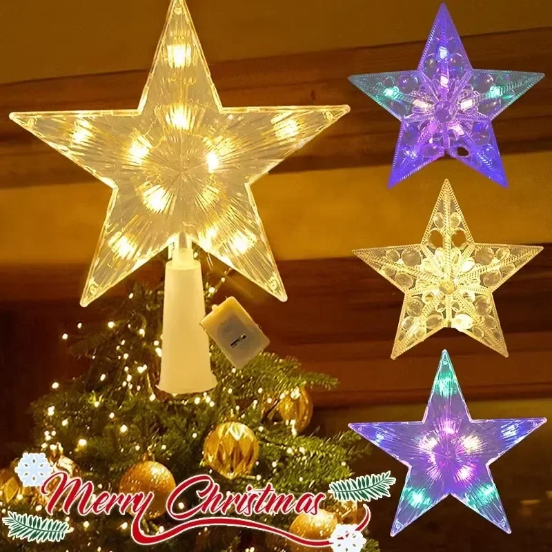 2025 LED-Weihnachtsbaumspitze, Sternlichter, batteriebetrieben, für Wohnzimmer, Garten, Party, Dekoration, Neujahr, Weihnachtsbaum