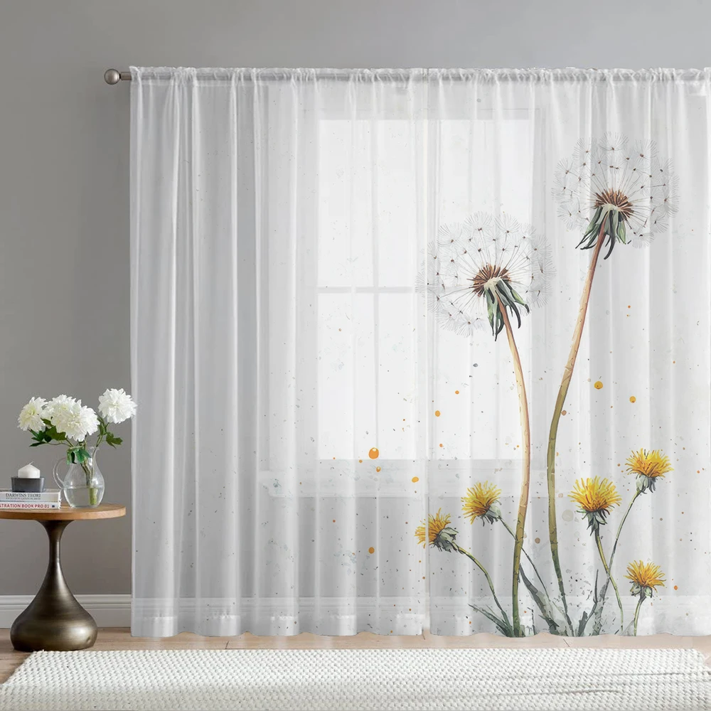 2Pcs Dandelion And Yellow Floral Print Home Decoration Window Screens Suitable For Coffee Shops, Restaurants, Bedrooms