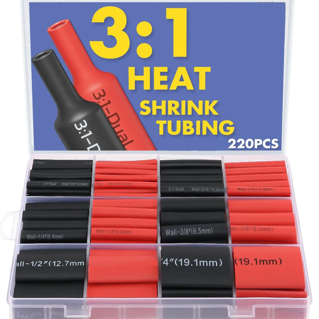 220PCS 3:1 Black Red Heat Shrink Tubing Kit Adhesive Lined Marine Resistant Grade Shrink Heat Shrink Tube Insulation Sleeve