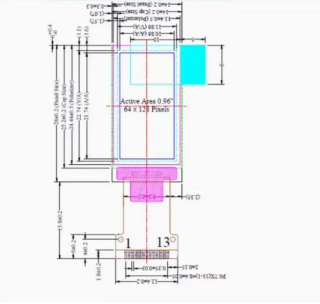 수직 디스플레이 스크린 QG-6428TSWCG01 LCD 스크린, LT1312P02A, 0.96 인치