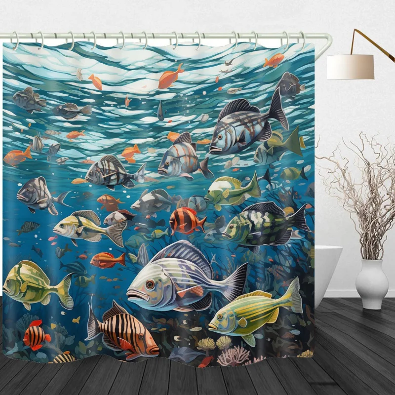 Sea Fish Shower Curtain Seaside Beach Decoration Bathroom Waterproof Fabric Covering Hallway Home Decoration