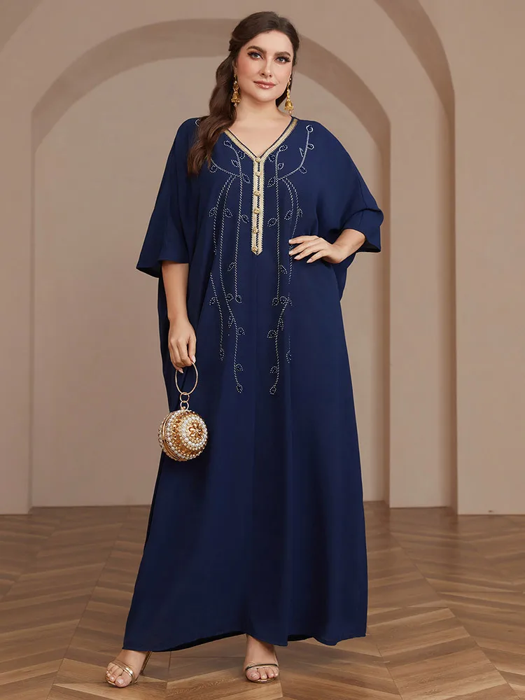 

Diamonds Muslim Abaya Dress Women V Neck Moroccan Kaftan Hijab Vestidos Islamic Clothing Half Sleeve Islam Ropa Summer Ramadan