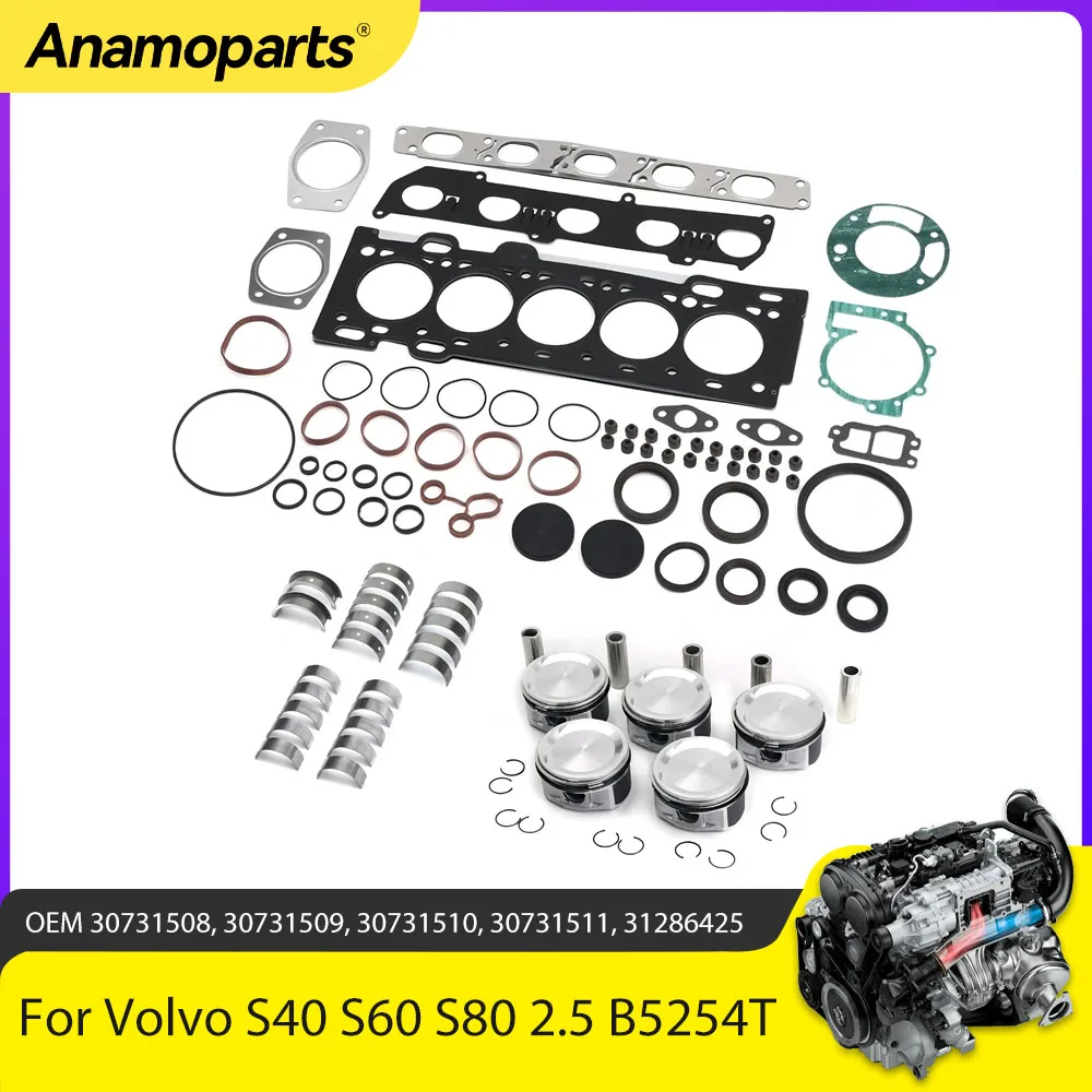 Kit de juntas de reparación de revisión de motor, rodamiento de pistón compatible con 2,5 L L5 GAS B5254T7 B5254T3 para Volvo S40 S60 S80 C30 C70 V50 2.5L T5