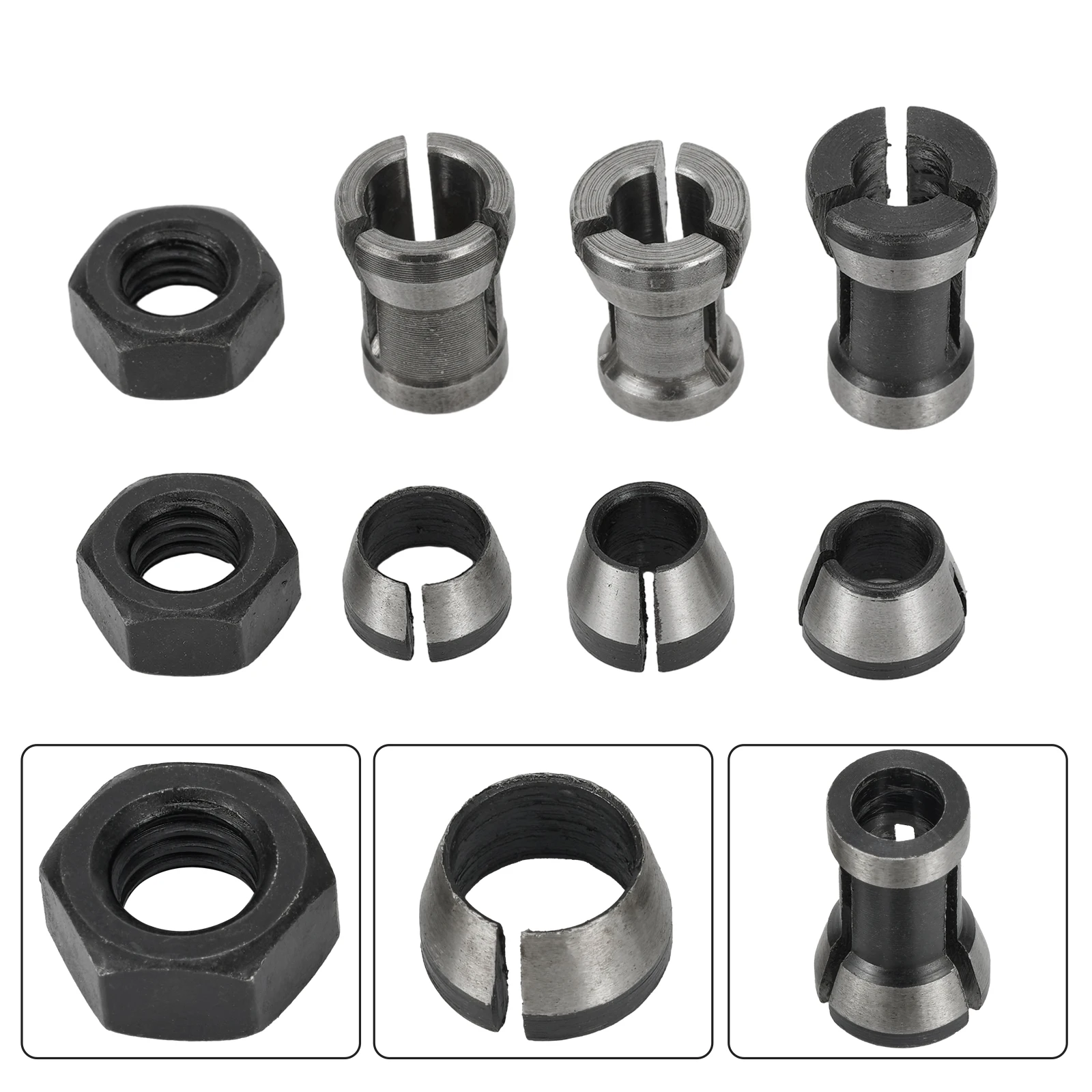 8pcs 6mm/ 6.35mm/ 8mm Collets Chuck With 7mm/8mm Nut Engraving Trimming Machine Electric Router Milling Cutter Accessories