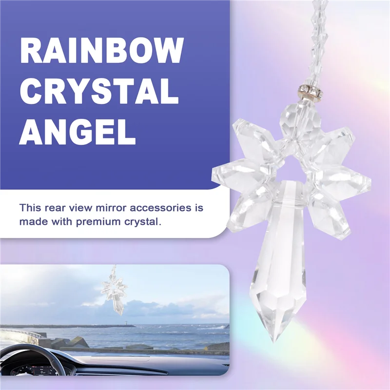 F-F Modern Rainbow Crystal Angel Chakra Suncatcher Car Charm Pendant For Auto Rear View Mirror Hanging Decor