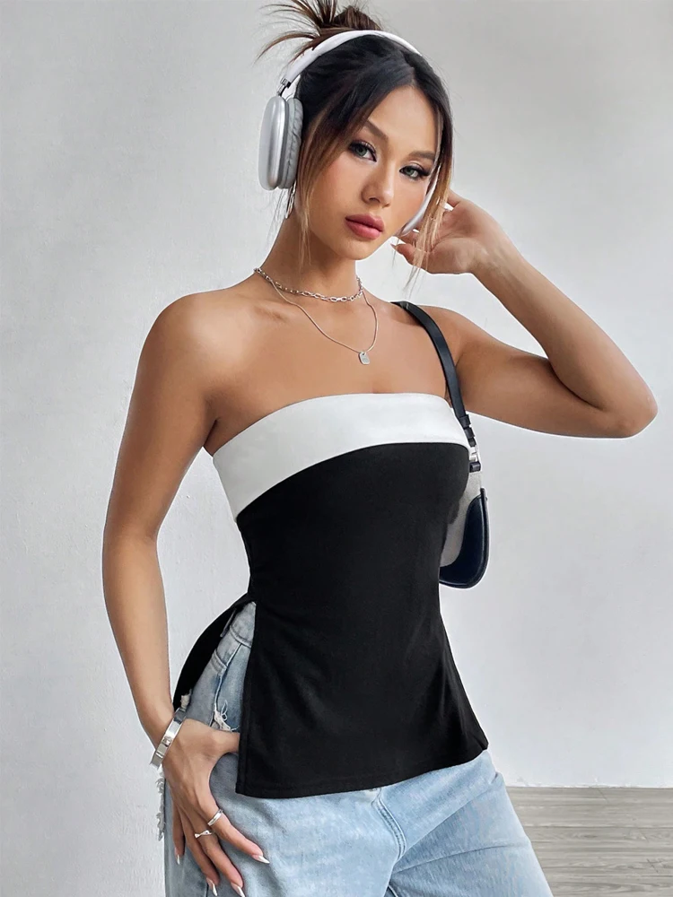

Zadily 2025 Summer Women's T Shirt Black White Colorblock Bandeau Top Open Back Side Split Bodycon Casual Party Tube Top