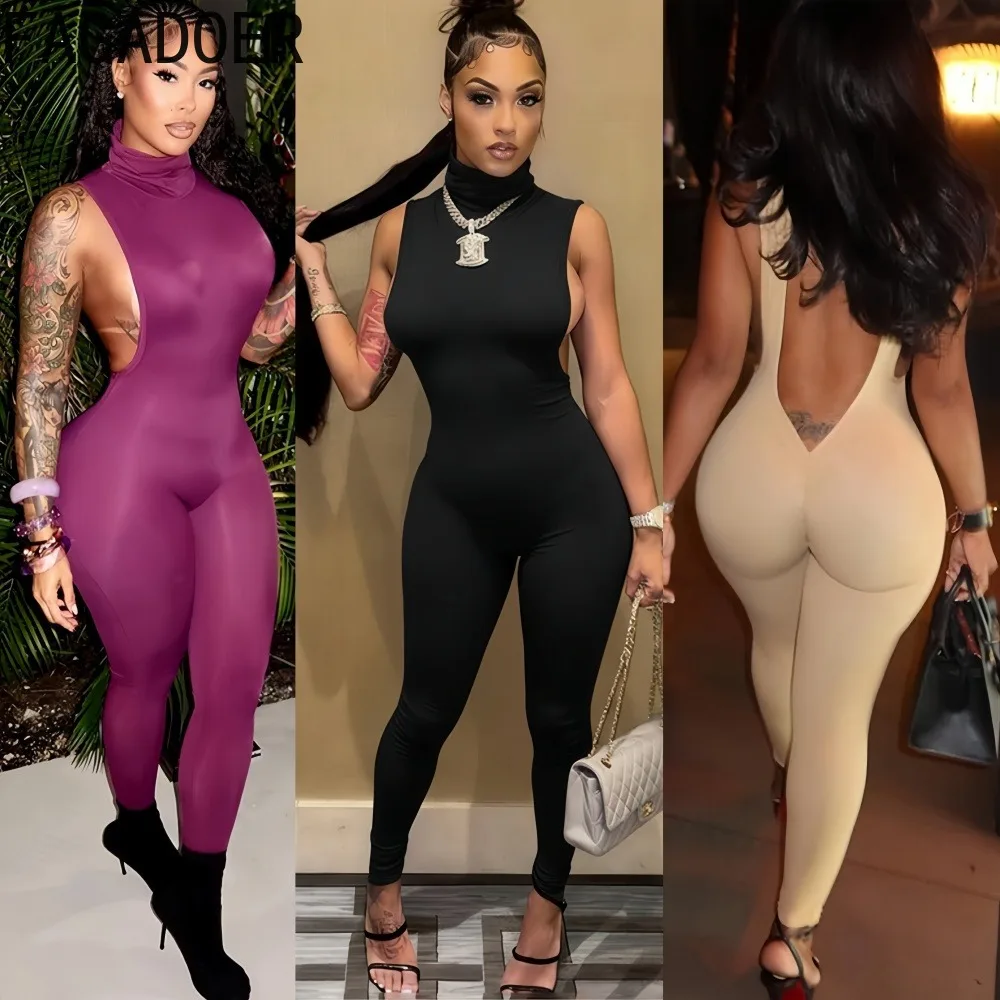 

FAGADOER Sexy Hollow-out Patchwork Bodycon Jumpsuits Woman Solid Color High Neck Rompers Female Streetwear Overalls 2026 New