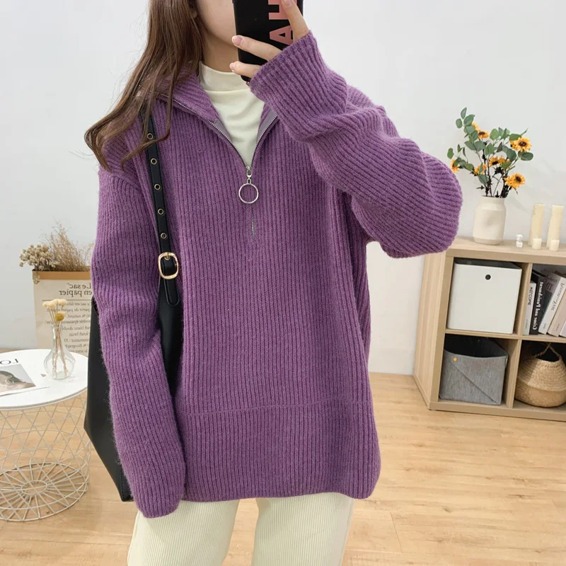 

Winter Women's Turtleneck Sweater Pullover Women Zipper Turn Down Soft Beige Knitted Oversize Jumper Loose Vintage Warm Sweaters