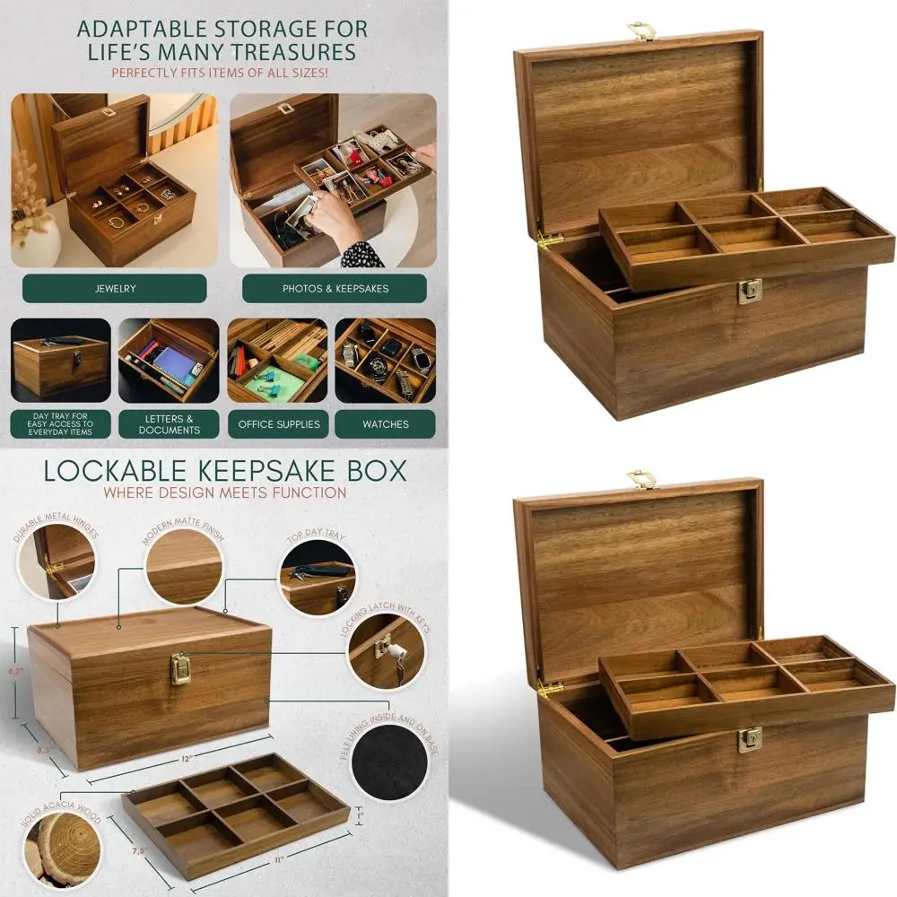 

Personalized Large Wooden Memory Box with Adjustable Tray and Hinged Lid for Wedding Keepsakes