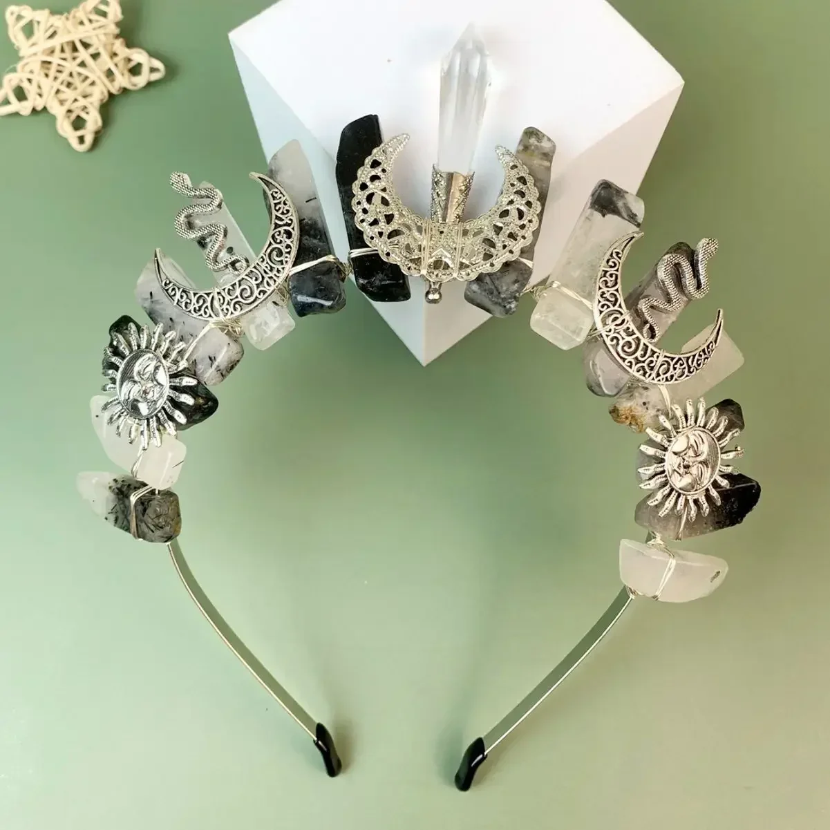 Natural Aventurine Moon Sun Godness Raw Crystal Hairband Women's Festival Party New Daily Use Crown Handmade