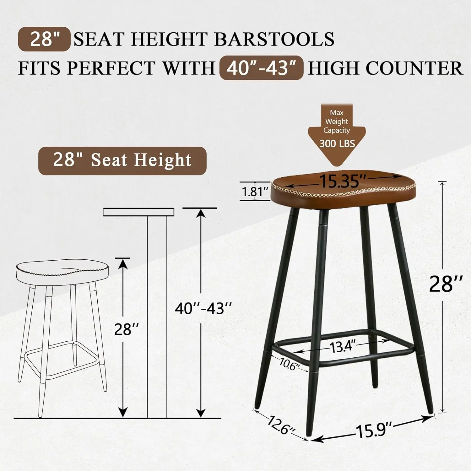 Bar Stools Set of 4, Modern Brown Faux Leather Back, 28' Kitchen Island Stools (4 PCS)