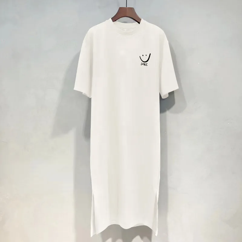 M-XXL Summer Short-sleeved Loose Korean Version Korean Printing Split-ended Medium And Long Dress T-shirt Women