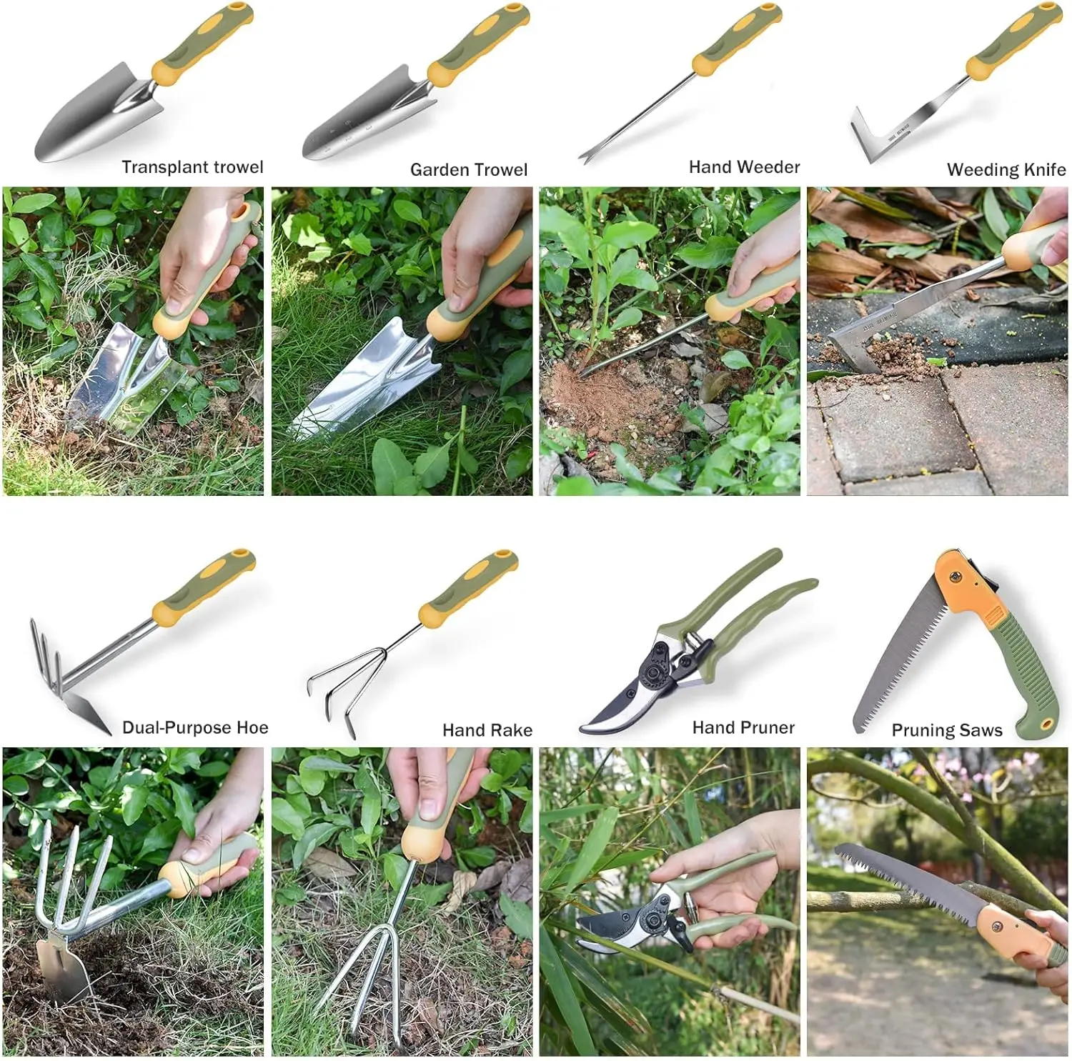 Juego de Herramientas de jardín de acero inoxidable, herramientas de jardinería verde de alta resistencia con mango ergonómico antideslizante, 9 piezas