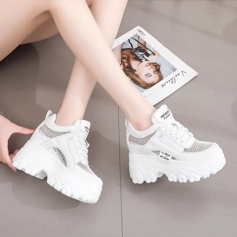 Fujin 10cm Microfiber Leather Mesh Platform Shoes Wedge Sneakers For Women Hidden Heel Increased Shoes Summer Sneakers Female