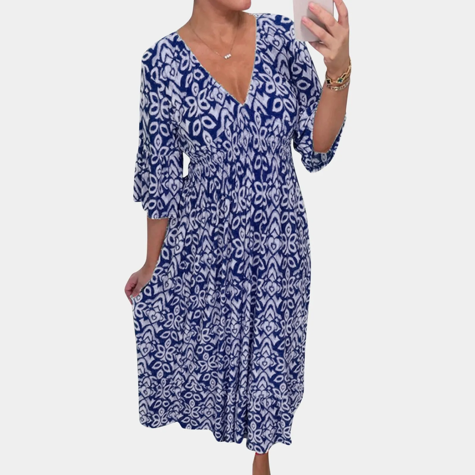 

Summer Elastic Waist Long Dress 2024 Casual V-neck Half Sleeve Loose Party Dress Women Pattern Printed Bohemian Beach Dress