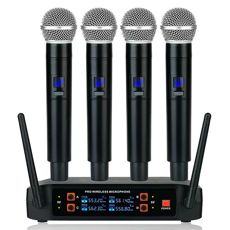 

Wireless Microphone Handheld 4 Channels Frequency VHF Fixed Dynamic Mic Karaoke Microphone For Wedding Party Band Show Church