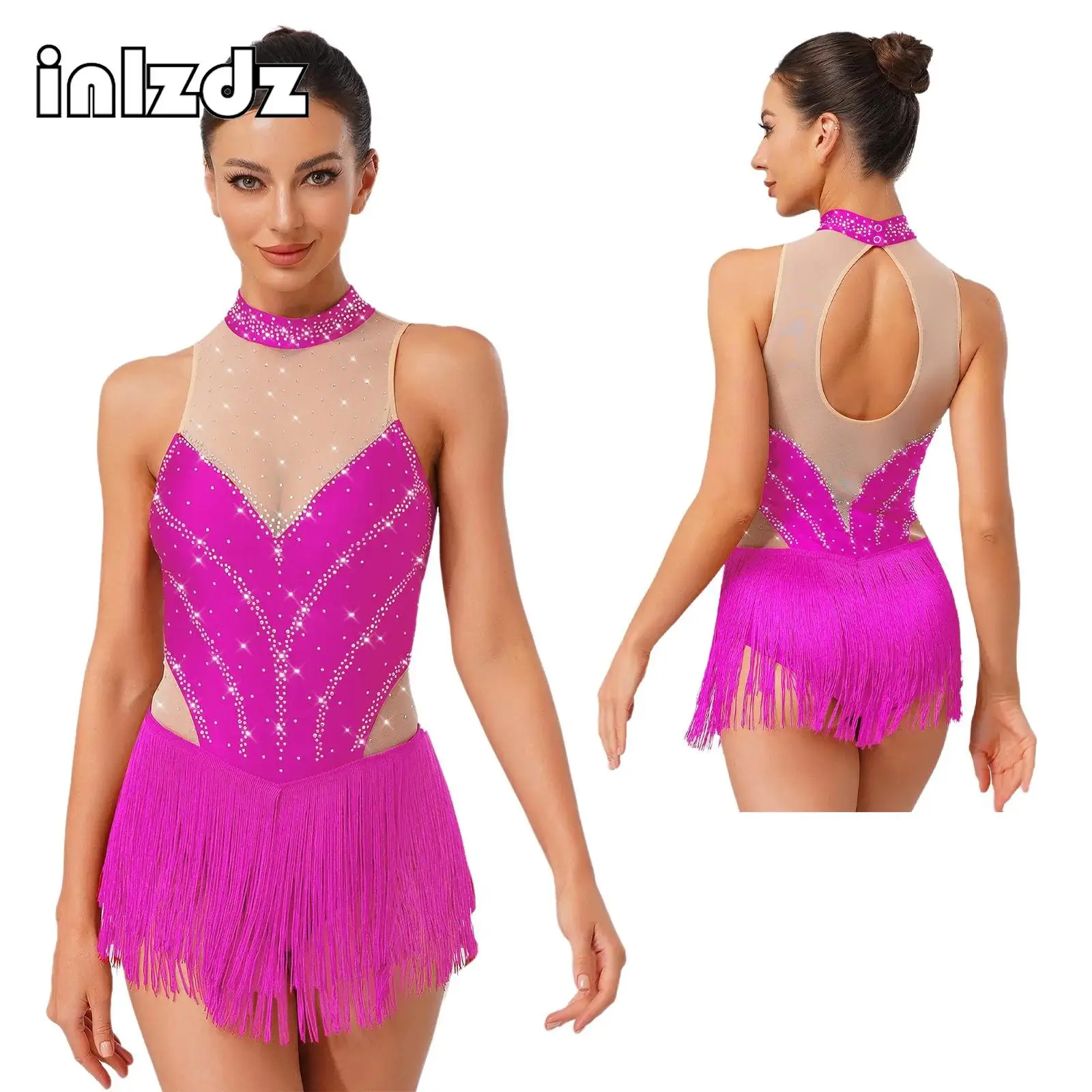 

Womens Adult Latin Figure Skating Leotard Sleeveless Tassel Fringe Waist Glittery Bodysuit Tango Chacha Dancewear Active Wear