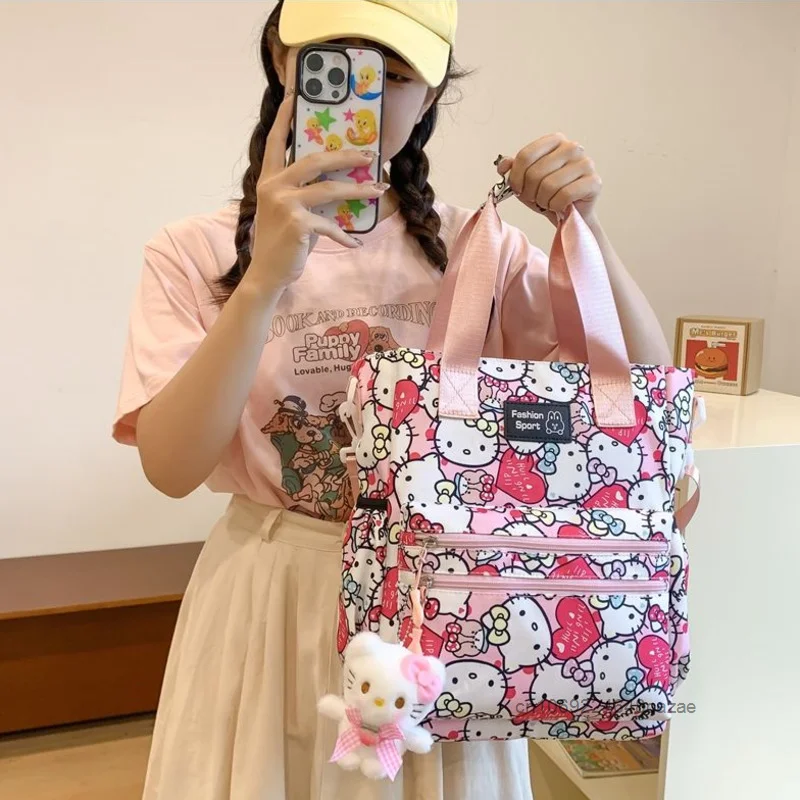 Sanrio Hello Kitty Nylon Women Shoulder Bag Japanese Style Large Capacity Cute Print Tote Bag Sweet Student Kawaii Crossbody Bag