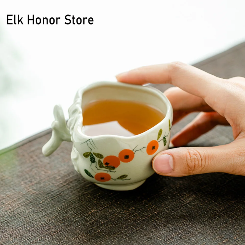 140ml Pure Hand-painted Persimmons Ceramic Teacup Retro Grass Wood Ash Master's Cup with Handle Personal Tea Bowl Jianzhan Gifts