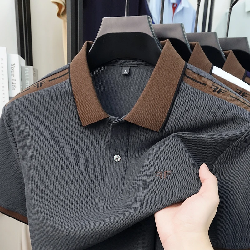 Luxuriöses Herren-Poloshirt mit Stickerei, Neues Einfarbiges Kurzarm-Shirt mit Kragen, 100% Baumwolle, Business-Casual Herrenbekleidung – Detail 4