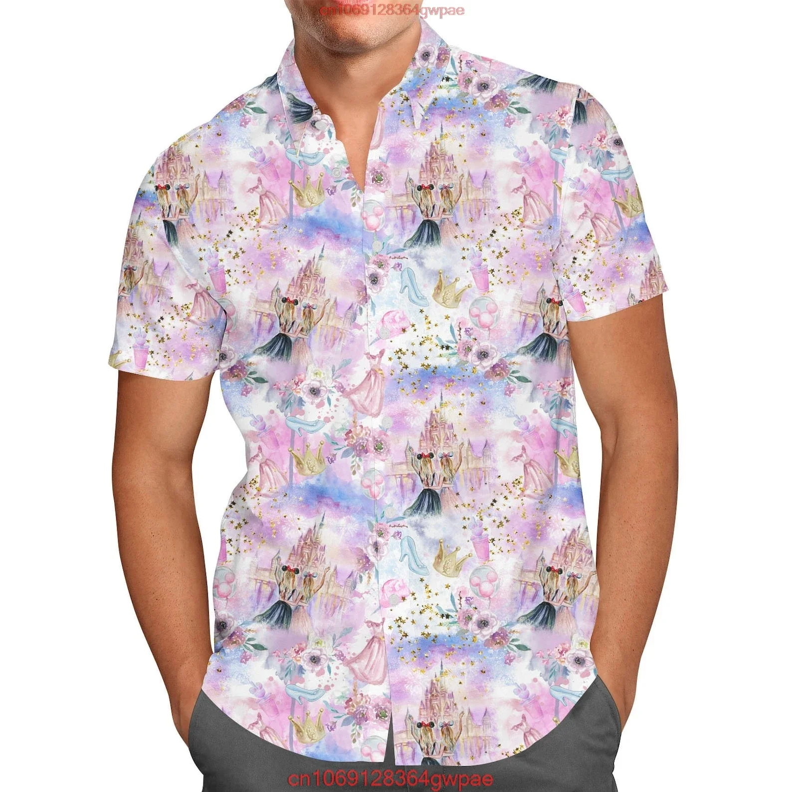 Valentine Disney Castle Hawaiian Shirt Men's Button Down Short-sleeved Shirt Fashion Disney Short Sleeve Hawaiian Beach Shirt