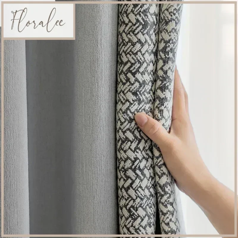 New Customized Grey Black Jacquard Thickened Chenille Patched Curtains For Living Room Bedroom French Window Balcony Window