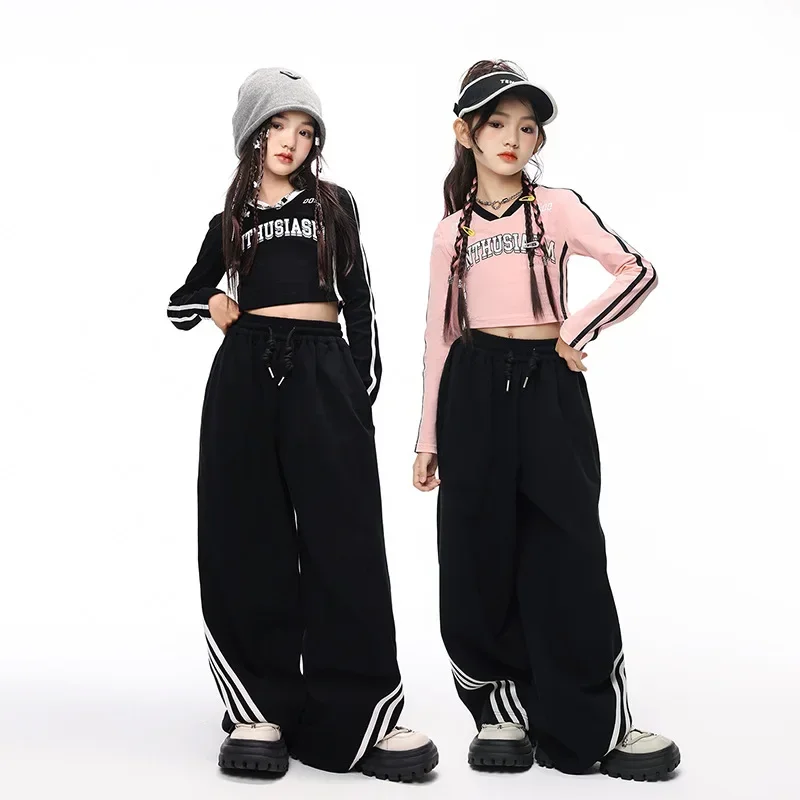 Top da ragazza rosa a maniche lunghe Pantaloni larghi neri Set da ballo di strada Abbigliamento da competizione per spettacoli di gruppo per bambini Abiti da ballo hip-hop jazz